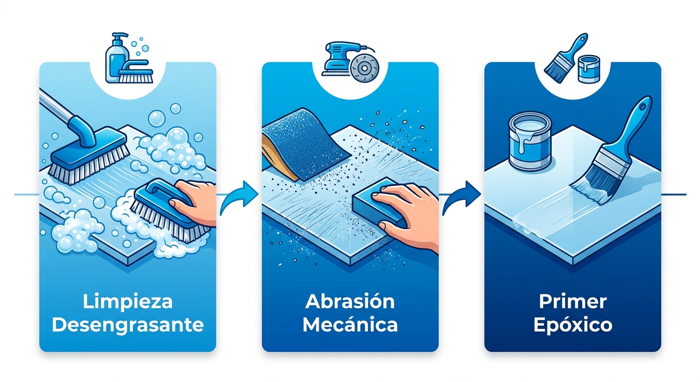 Diagrama de flujo horizontal de tres etapas para preparar superficies cerámicas antes de pintar: limpieza, abrasión y primer epóxico