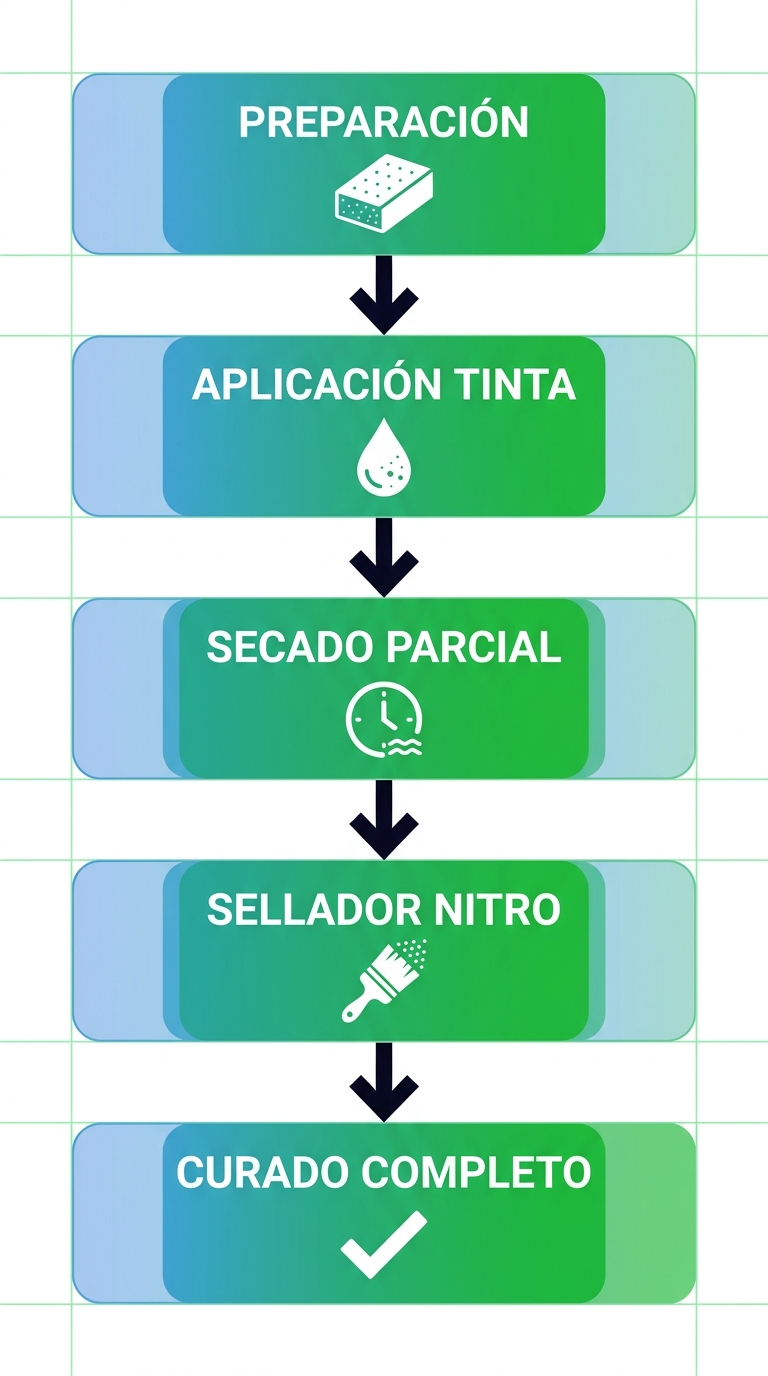 Diagrama de flujo vertical de 5 etapas para aplicación de tintas y selladoras en madera con iconos y flechas.