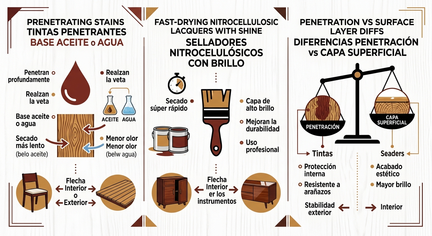 Infografía de tipos de tintas penetrantes para madera, selladores nitro y diferencias clave con iconos y características