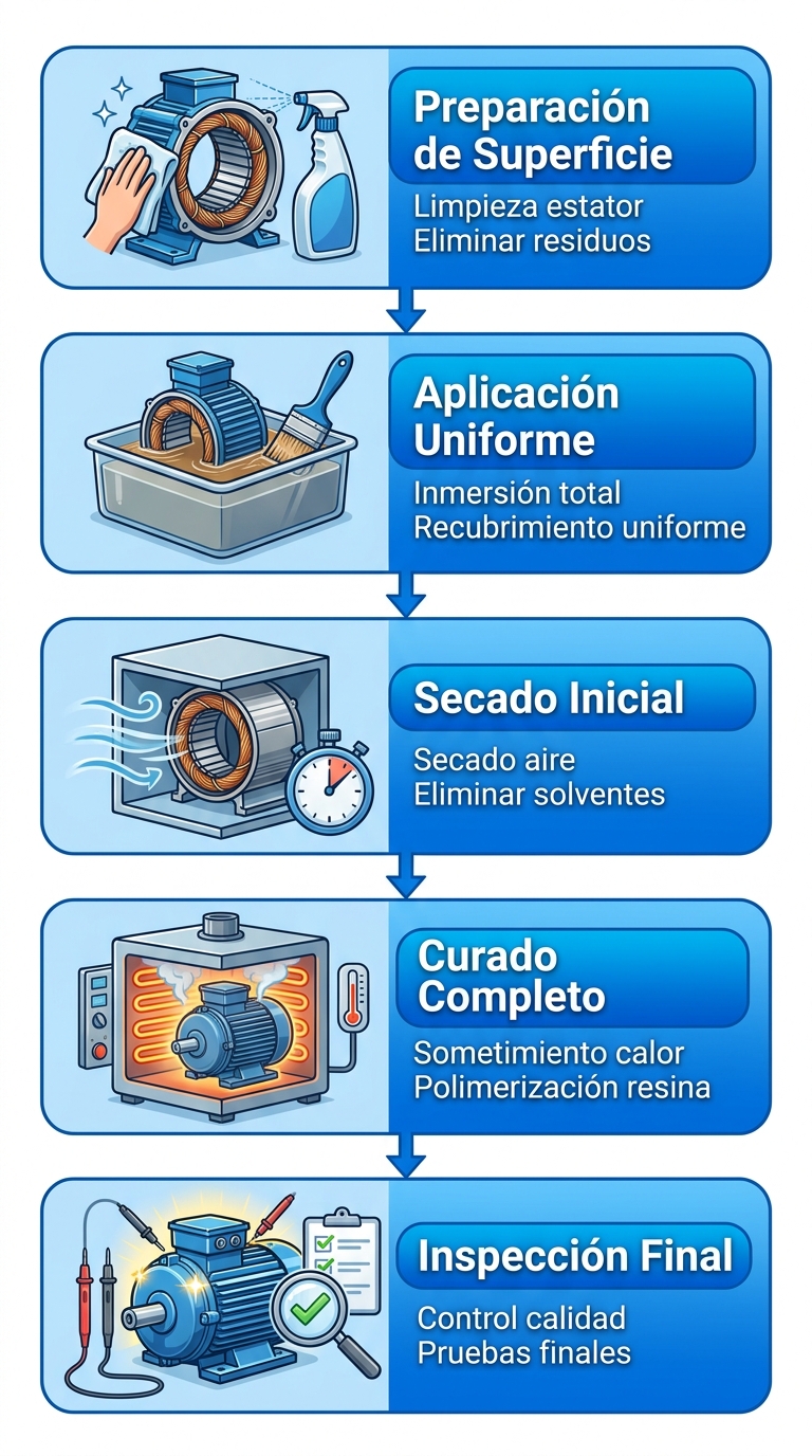 Diagrama de flujo vertical de cinco etapas para aplicar barniz dieléctrico en motores eléctricos con iconos de limpieza, brocha, reloj, calor y lupa