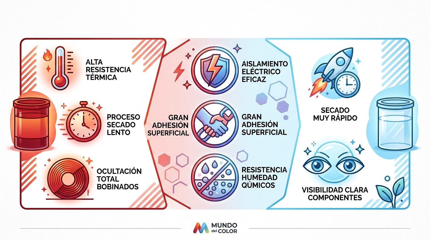 Infografía comparando propiedades del barniz dieléctrico rojo y transparente: resistencia térmica, secado y aislamiento