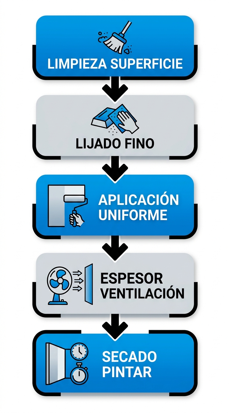 Diagrama de flujo vertical ilustrando las cinco etapas de aplicaciu00f3n de imprimantes en paredes: limpieza, lijado, aplicaciu00f3n, ventilaciu00f3n y secado.