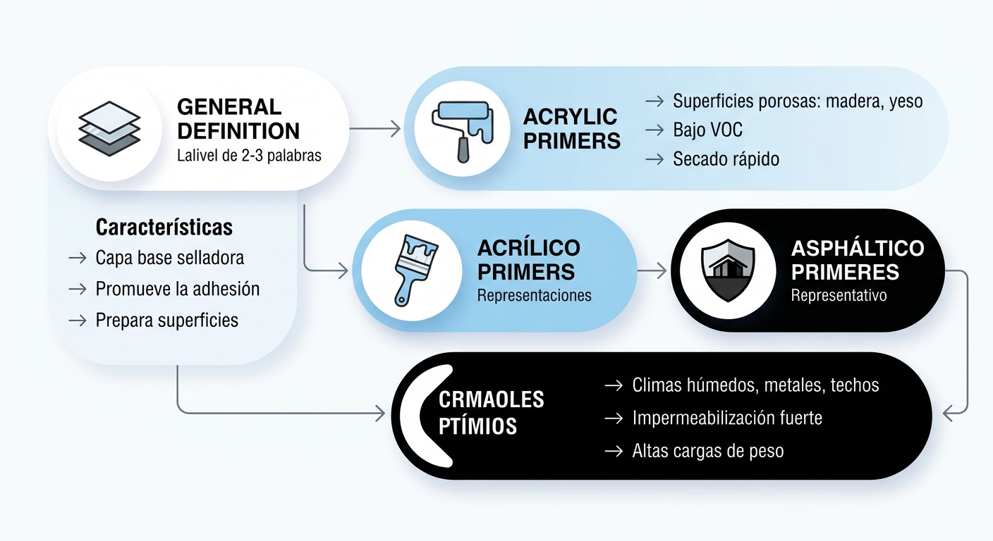 Infografu00eda ilustrando definiciu00f3n de imprimante, imprimante acru00edlico para superficies porosas y asfu00e1ltico para metales y techos con u00edconos y caracteru00edsticas clave