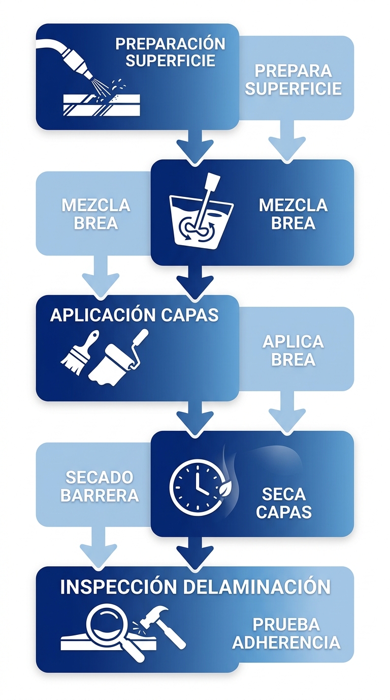 Diagrama de flujo vertical de cinco etapas para aplicación de brea epoxi en superficies de acero.