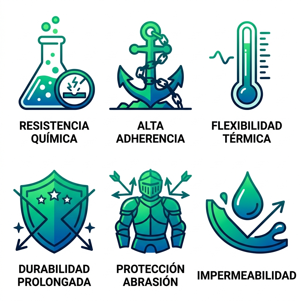 Conjunto de iconos ilustrando ventajas de la brea epoxi: resistencia química, alta adherencia, flexibilidad térmica, durabilidad, protección contra abrasión e impermeabilidad.