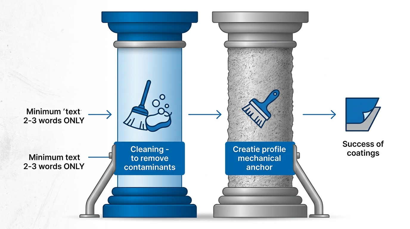 Infografu00eda de los dos pilares fundamentales en preparaciu00f3n de superficies para recubrimientos exitosos: limpieza y creaciu00f3n de perfil.