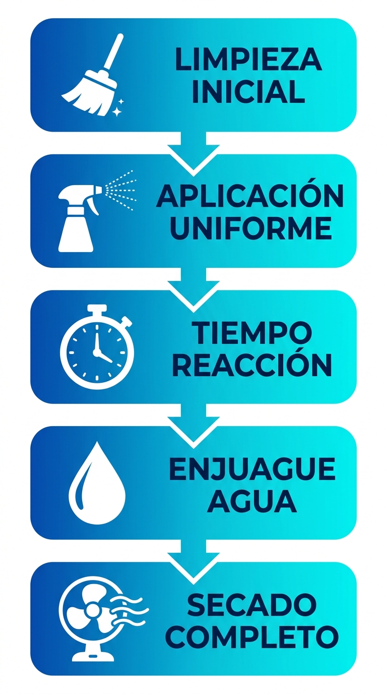 Diagrama de flujo vertical de cinco etapas para aplicar acondicionadores de superficies: limpieza, aplicaciu00f3n, reacciu00f3n, enjuague y secado con iconos representativos.