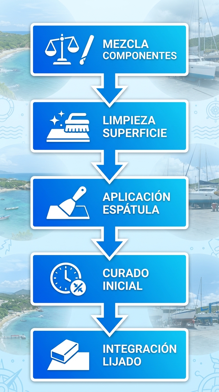 Diagrama de flujo vertical ilustrado de cinco etapas para aplicar masilla epóxica marina: mezcla, limpieza, aplicación, curado e integración con recubrimientos.