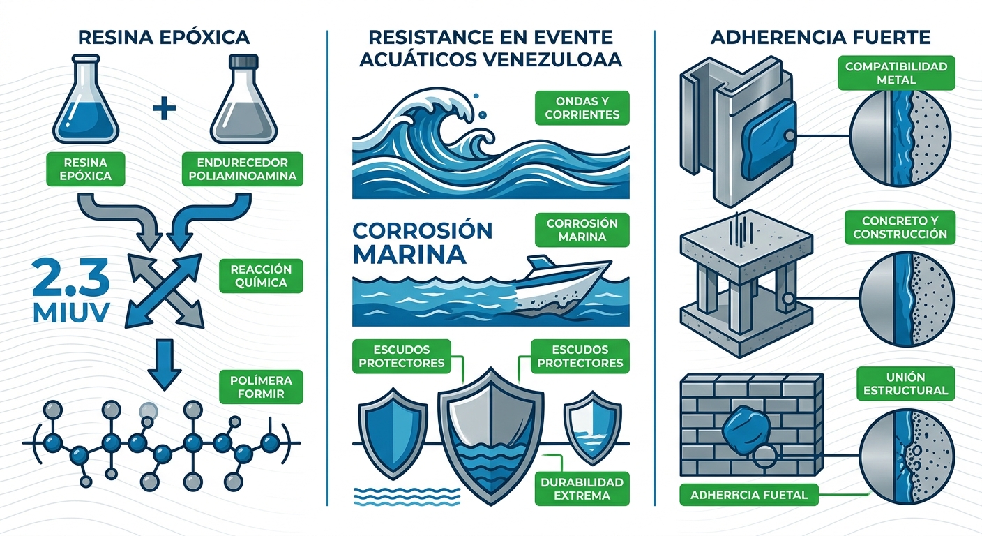 Infografía horizontal de propiedades de masilla epóxica marina: composición, resistencia y compatibilidad