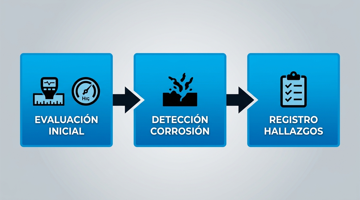 Diagrama de flujo horizontal de tres etapas para procedimientos detallados de inspecciu00f3n clu00ednicas de superficies y recubrimientos