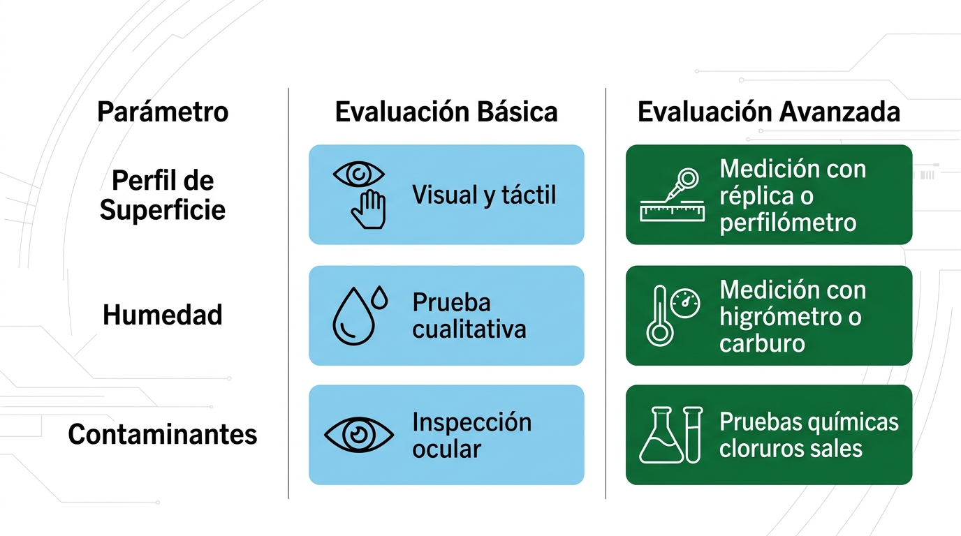 Infografu00eda comparativa de evaluaciones bu00e1sicas versus avanzadas en inspecciones clu00ednicas de superficies