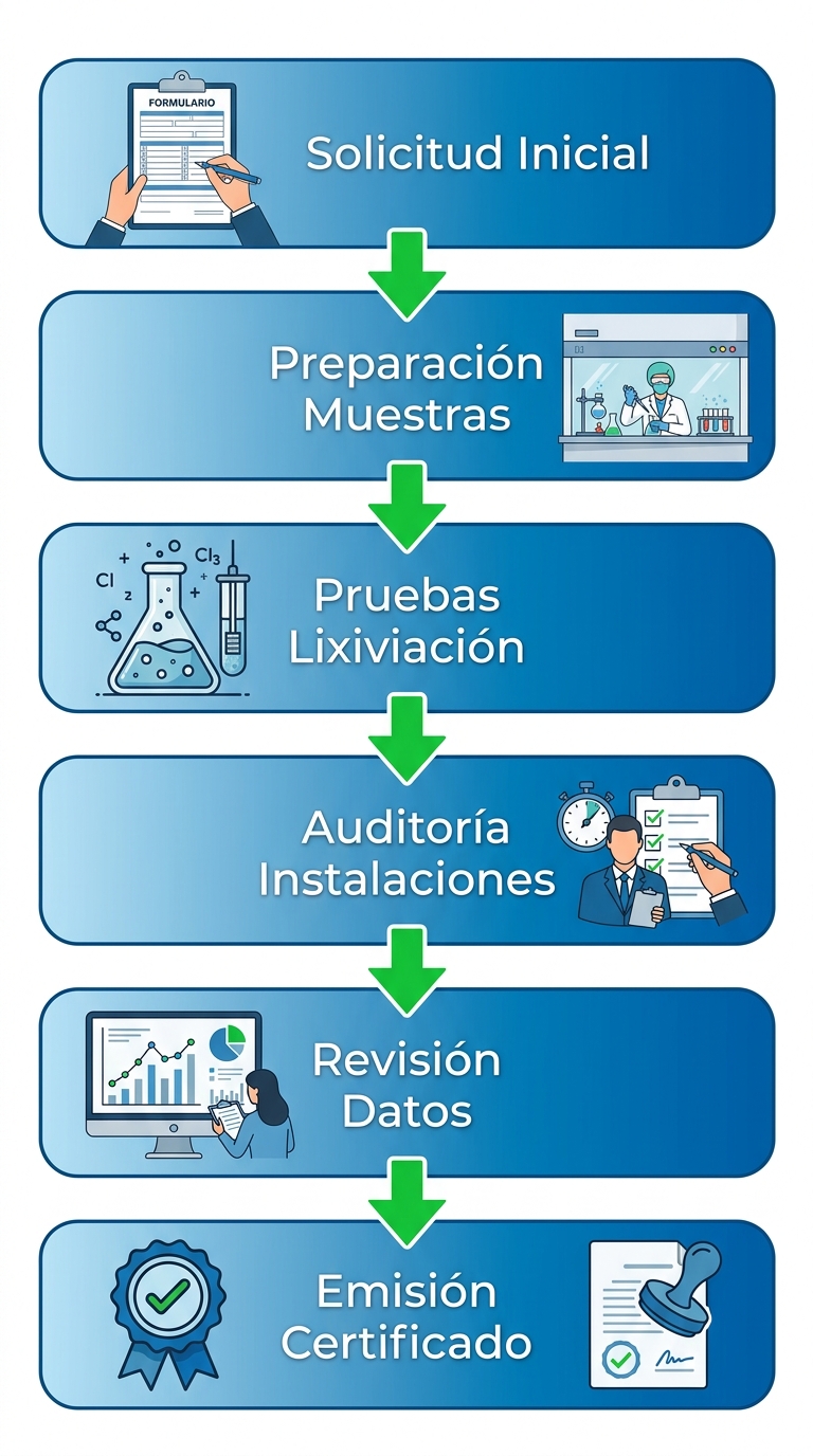 Diagrama de flujo vertical de seis etapas para obtener certificados NSF en recubrimientos para agua potable: solicitud, preparación, pruebas, auditoría, revisión y emisión.