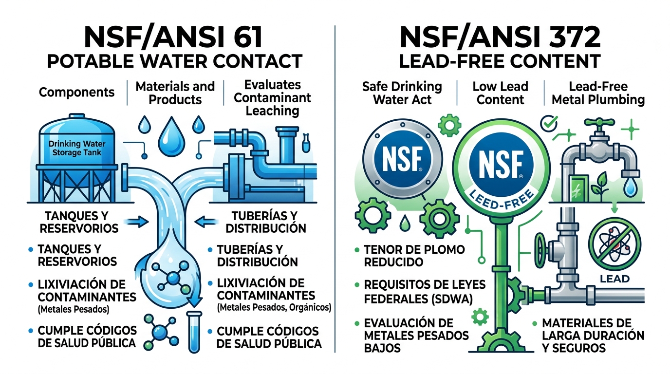 Infografía comparativa normas NSF/ANSI 61 y 372 para potabilidad en recubrimientos
