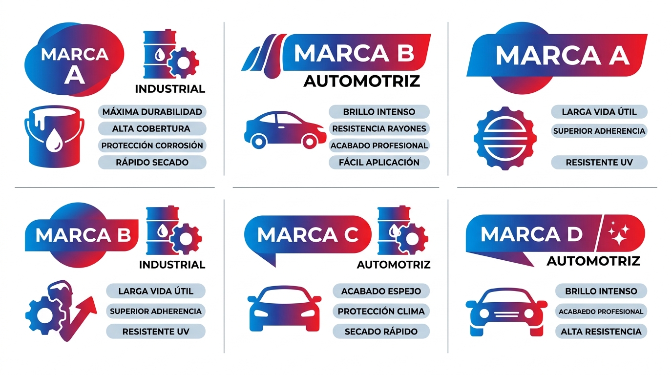 Infografía de las seis mejores marcas de pinturas disponibles en distribuidores de Caracas, con logos, iconos y beneficios clave