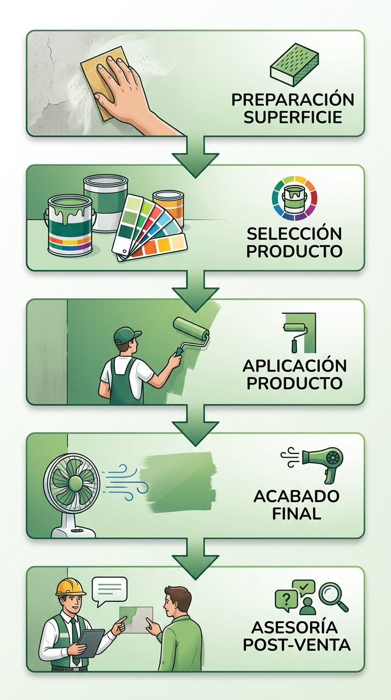 Diagrama de flujo vertical de cinco etapas para aplicación de pinturas: preparación, selección, aplicación, acabado y asesoría post-aplicación en Caracas