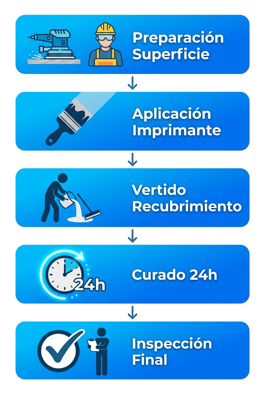 Diagrama de flujo vertical ilustrando las cinco etapas de aplicación de recubrimientos 100% sólidos en pisos industriales con íconos y flechas.