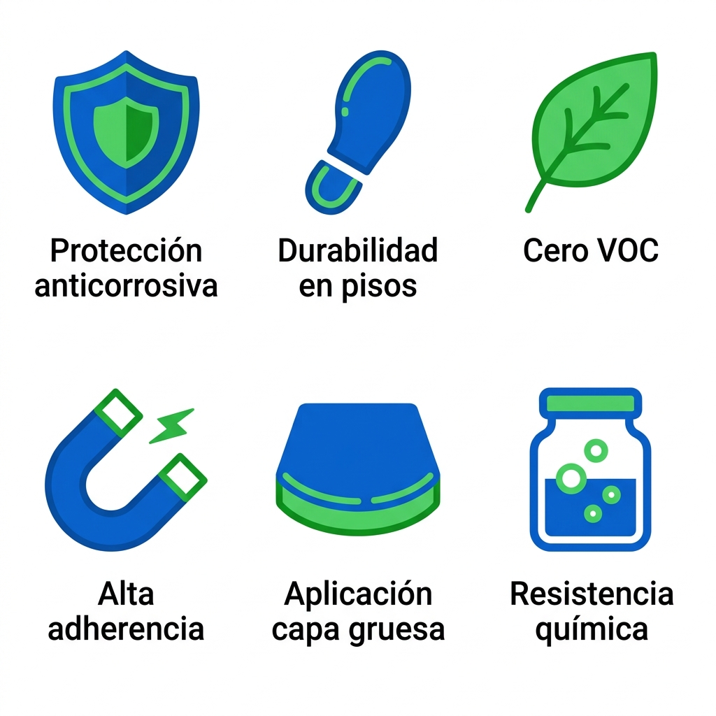 Conjunto de íconos ilustrando ventajas de recubrimientos 100% sólidos: protección anticorrosiva, durabilidad, cero VOC, adherencia, aplicación gruesa y resistencia química.