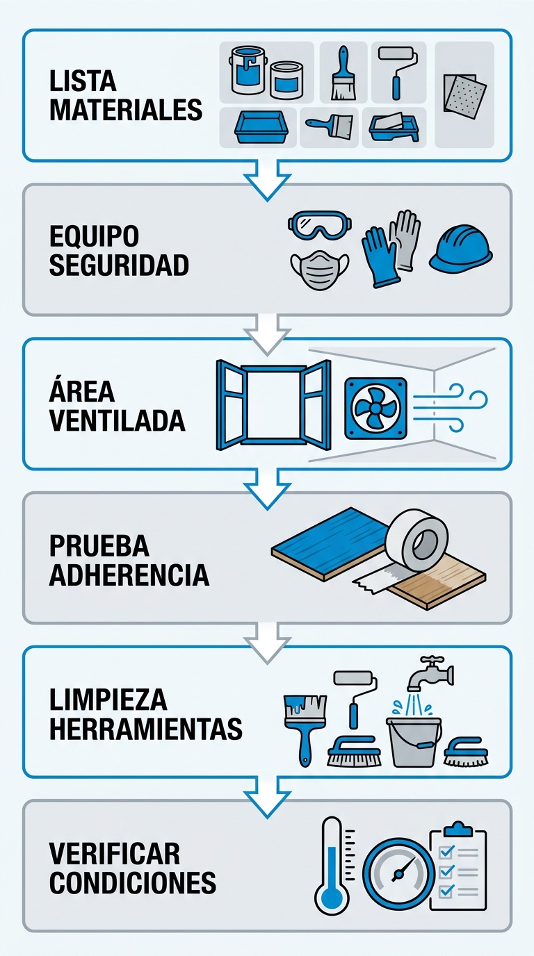 Diagrama de flujo vertical de 6 etapas para preparación de materiales y seguridad en pintura con hidroesmalte