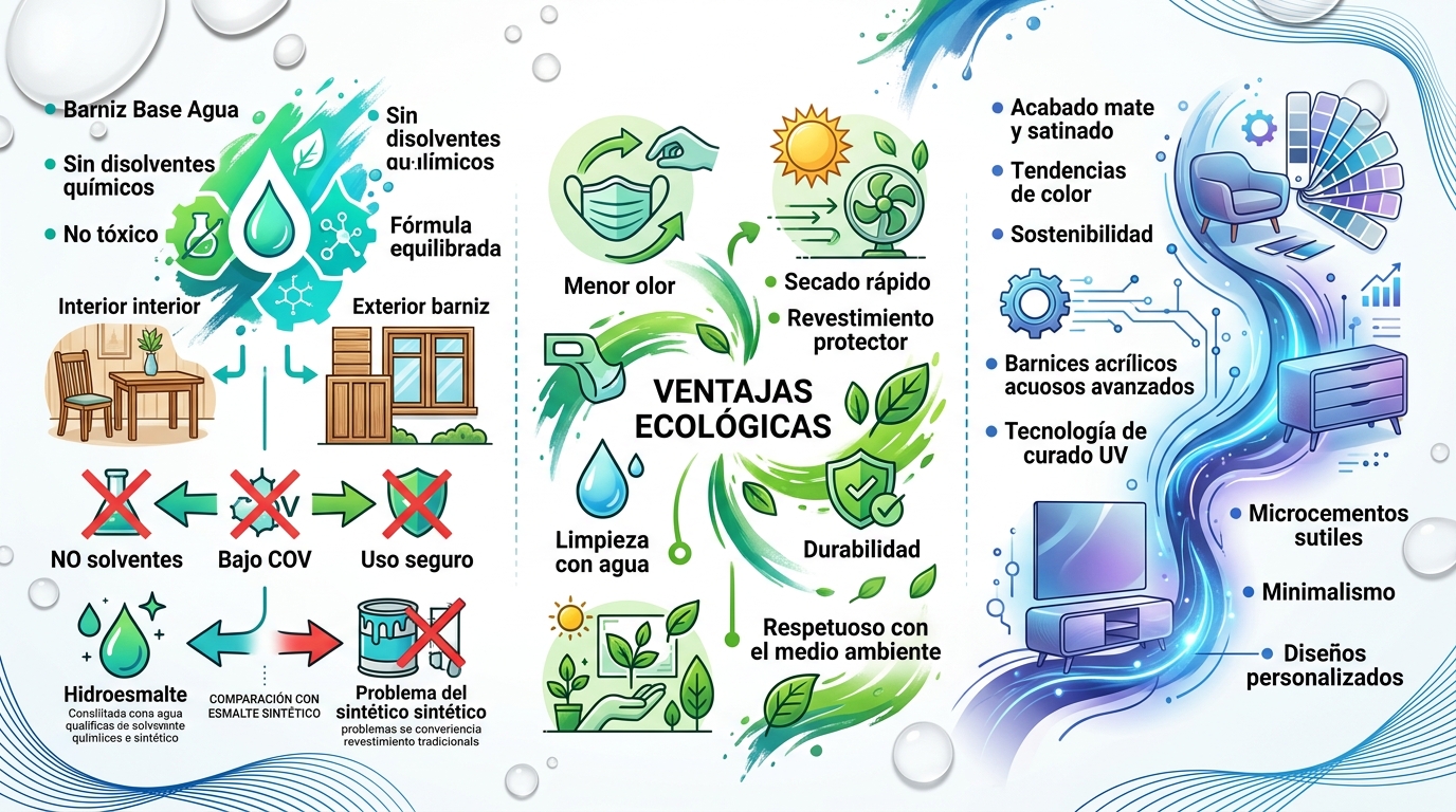 Infografía explicativa del hidroesmalte: definición, ventajas ecológicas y tendencias en recubrimientos base agua para madera