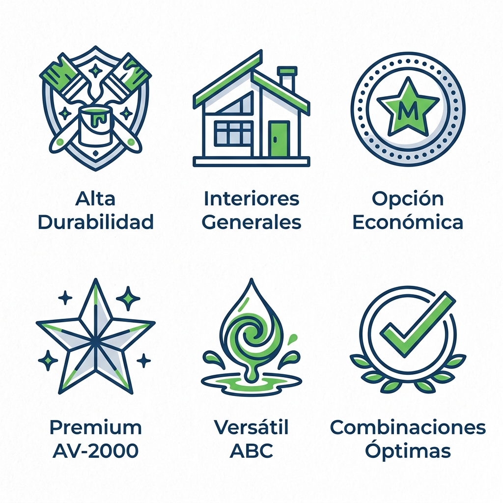 Conjunto de iconos outline recomendando pinturas Montana Clase A, B y C para proyectos en Venezuela