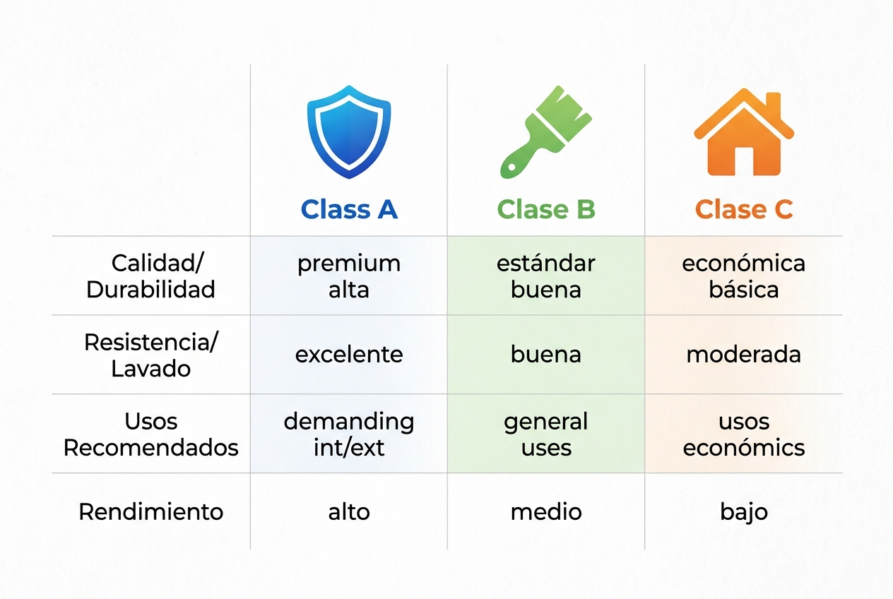 Infografía comparativa de características de pinturas Montana Clases A, B y C: calidad, resistencia, usos y rendimiento