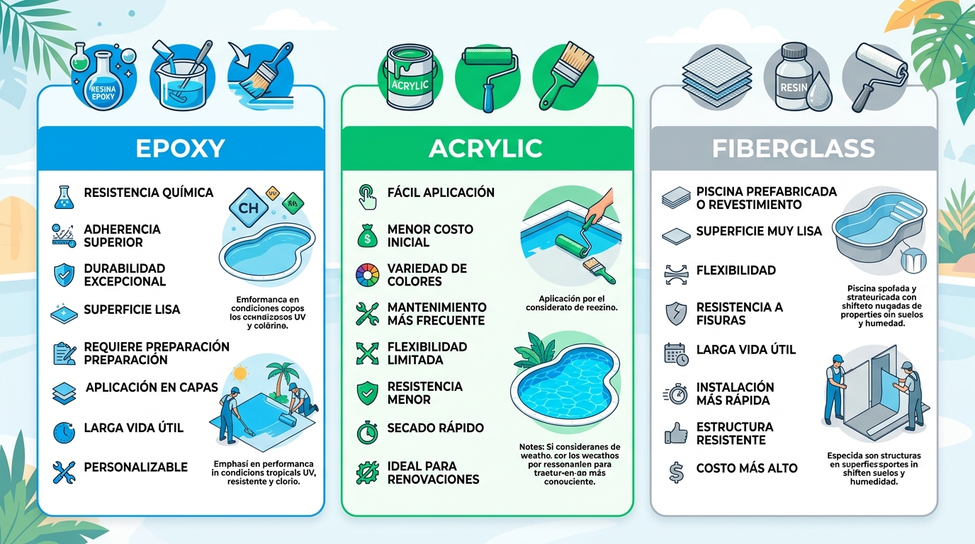 Infografía comparativa de tipos de recubrimientos para piscinas epóxico, acrílico y fibra de vidrio con características clave y colores distintivos.