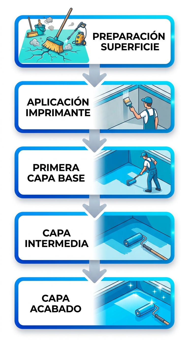 Diagrama de flujo vertical de 5 etapas para la aplicación de recubrimientos epóxicos en piscinas, con iconos relevantes y flechas.