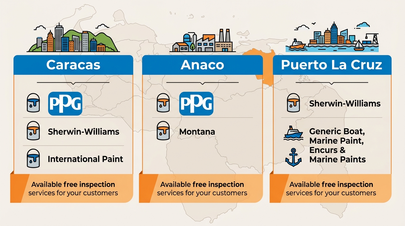 Infografía comparativa de áreas de servicio de pinturas en Caracas, Anaco y Puerto La Cruz con marcas líderes e inspecciones gratuitas