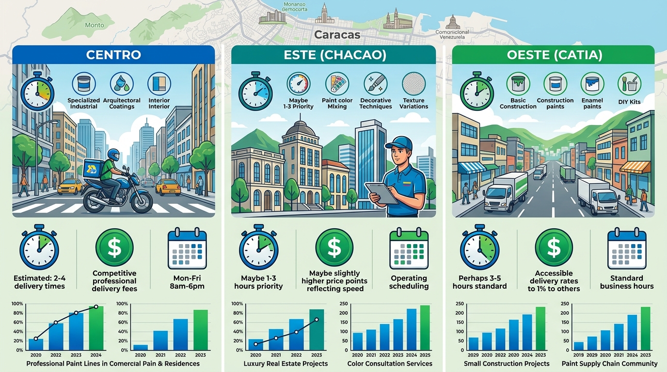 Infografía horizontal del mercado de delivery de pinturas en Caracas: zonas Centro, Este (Chacao) y Oeste (Catia) con iconos de tiempo, costo y horarios sobre mapa sutil