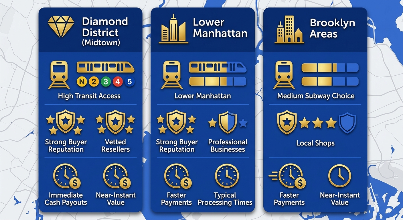 Infographic comparing Diamond District, Lower Manhattan, and Brooklyn gold selling areas with icons for transit, reputation, and payout speed, highlighting safety and accessibility.