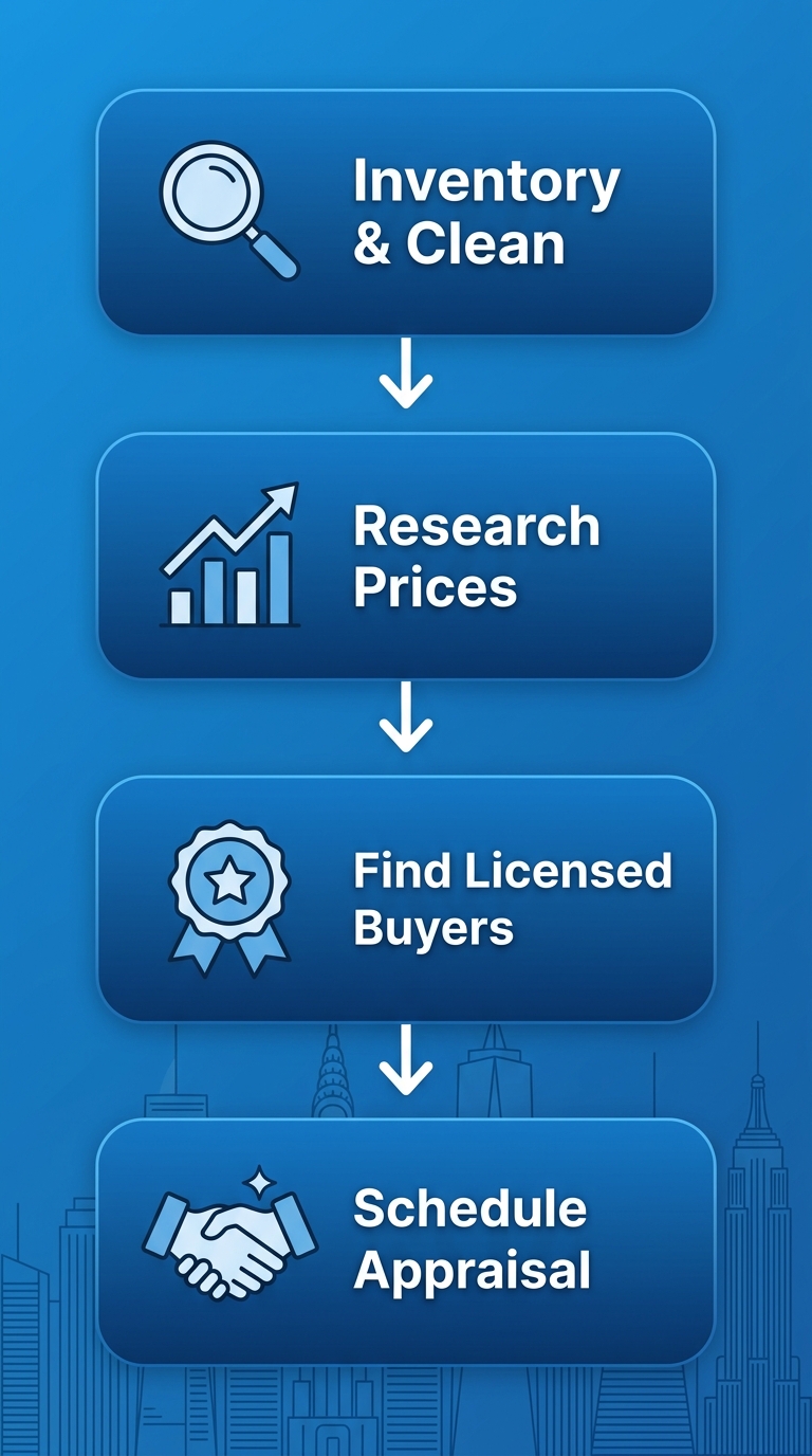Vertical process flow diagram illustrating four steps to sell gold jewelry in NYC: inventory and clean pieces with magnifying glass, research gold prices with chart, find licensed buyers with license icon, schedule appraisal with handshake icon, blue gradient design.