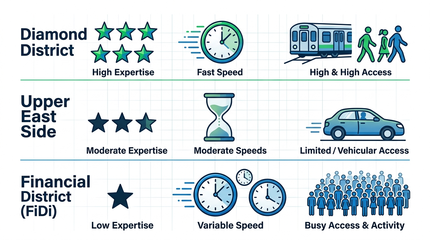 Infographic comparing Diamond District, Upper East Side, and Financial District for Rolex sales with icons for expertise, speed, and accessibility