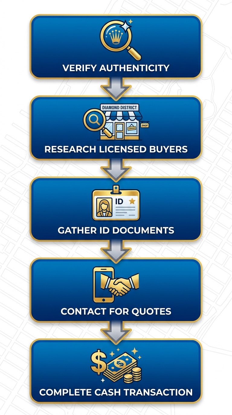 Vertical process flow diagram illustrating five steps to sell a Rolex watch for cash in NYC, featuring icons for verification, research, documents, contact, and transaction