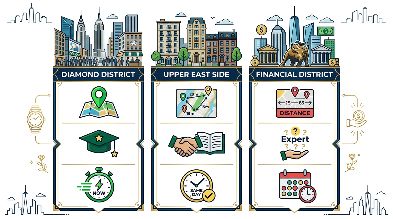 Infographic comparing key NYC neighborhoods for Rolex watch sales: Diamond District advantages in proximity, expertise, and speed.