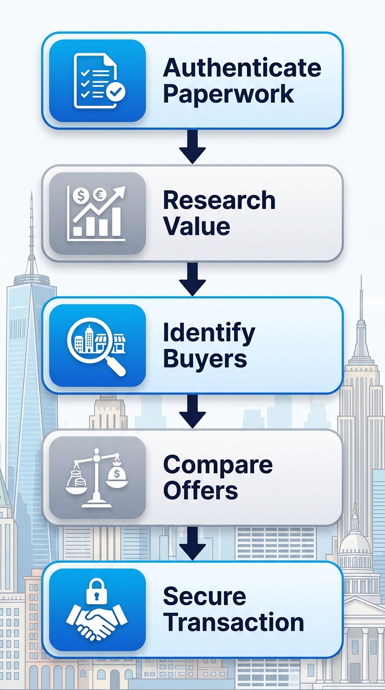 Vertical process flow illustrating five steps to sell a luxury watch in NYC Diamond District