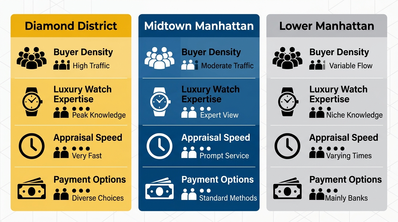 Infographic comparing NYC Diamond District, Midtown Manhattan, and Lower Manhattan for luxury watch selling: buyer density, expertise, speed, payments.