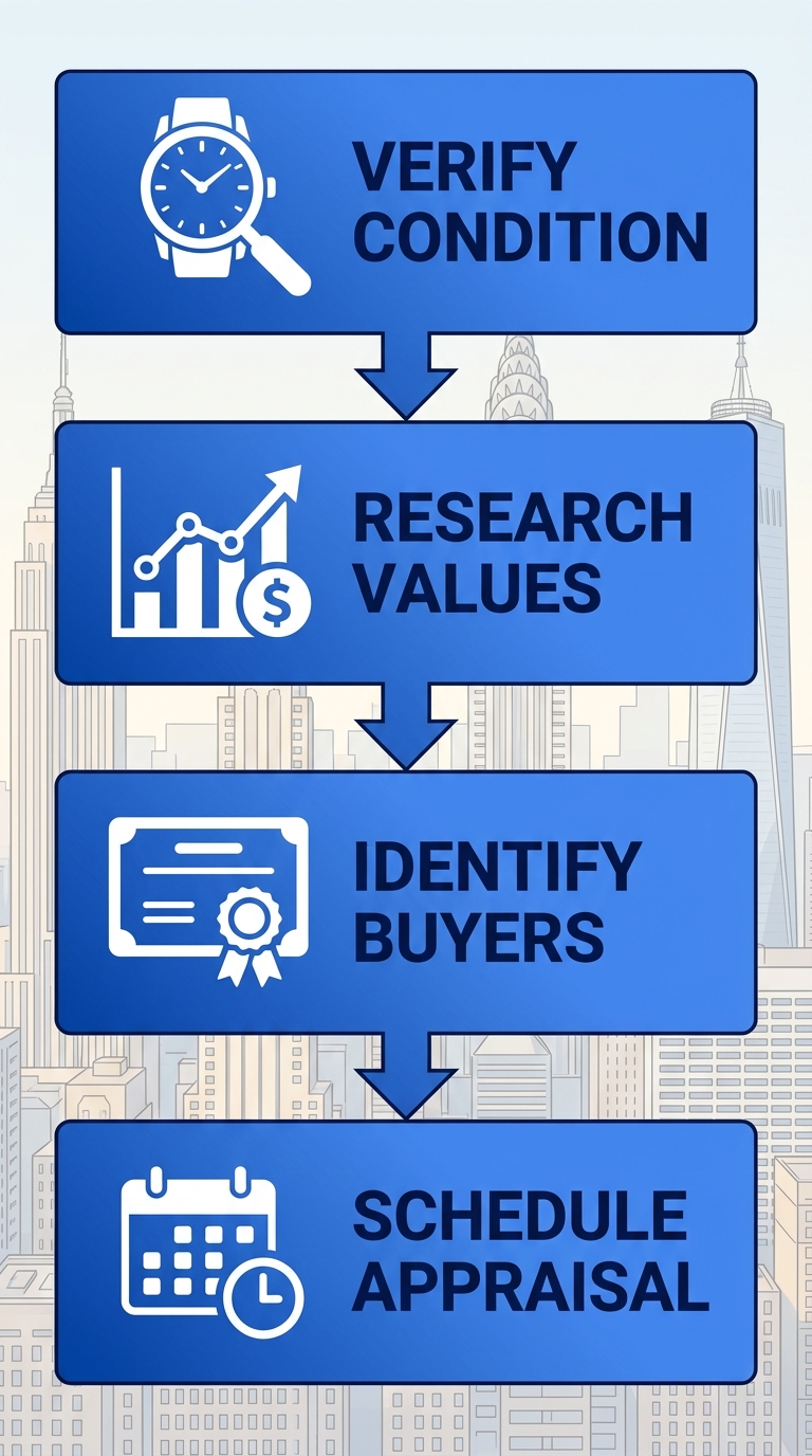 Vertical process flow diagram with four stages for selling a luxury watch in New York City: verify condition, research market values, identify accredited buyers, schedule appraisal.