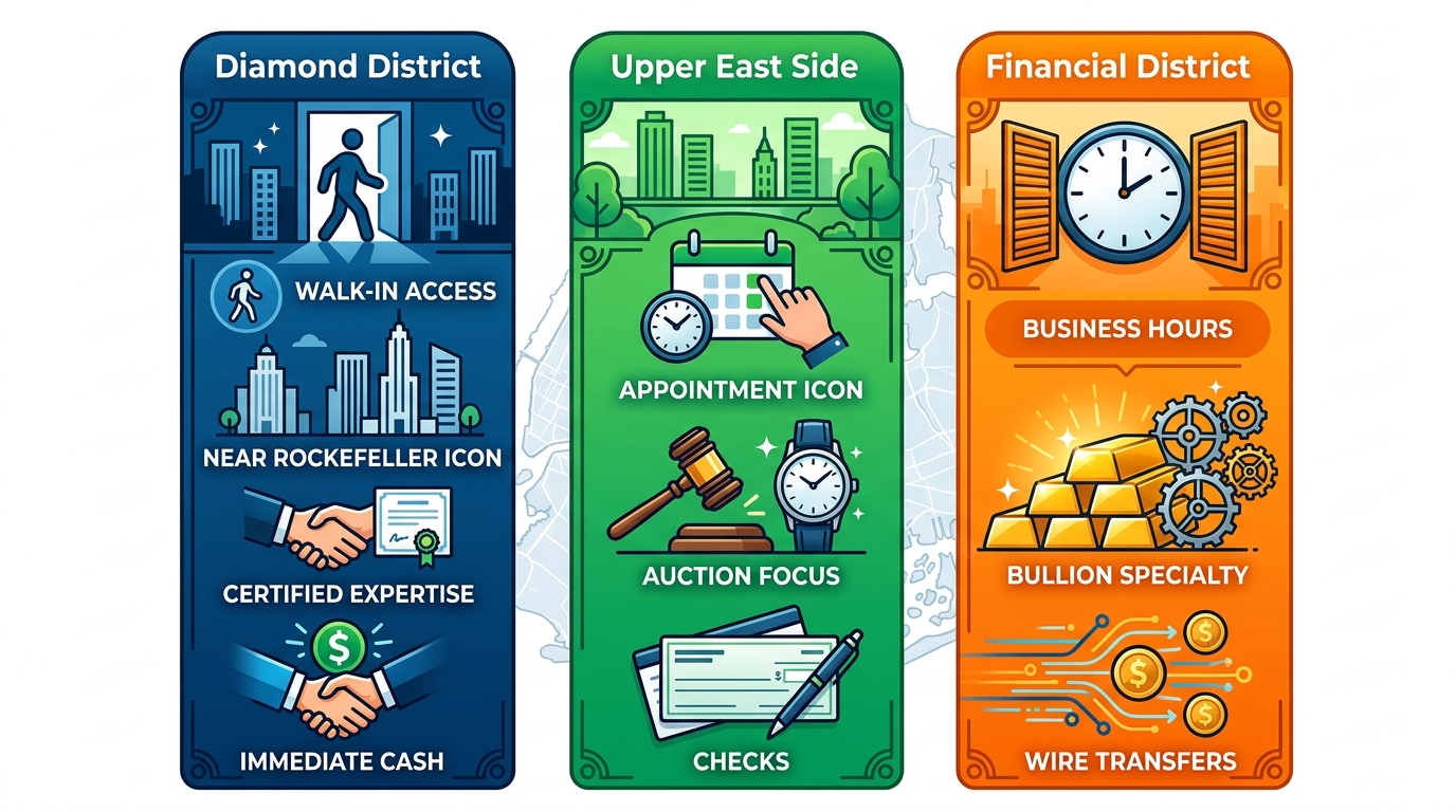 Infographic comparing Diamond District, Upper East Side, and Financial District for watch buying in NYC with icons and key features.