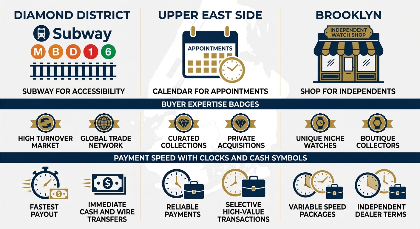 Infographic comparing Diamond District, Upper East Side, and Brooklyn for selling luxury watches in NYC, highlighting accessibility, appointments, expertise, and payment speed