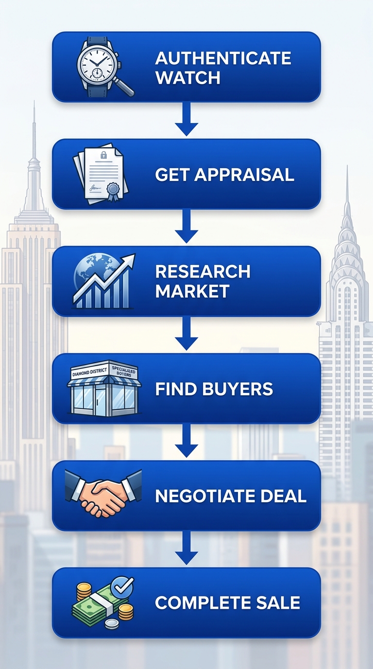Vertical process flow diagram illustrating six steps to sell a luxury watch in NYC: authenticate, appraise, research, find buyers, negotiate, complete sale.
