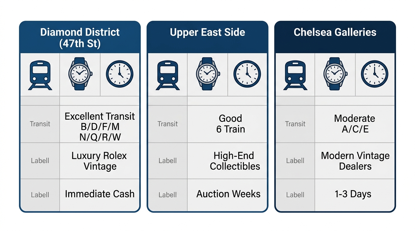 Infographic comparing top NYC locations for selling luxury watches: Diamond District, Upper East Side, Chelsea Galleries by transit, specialization, and payout speed.