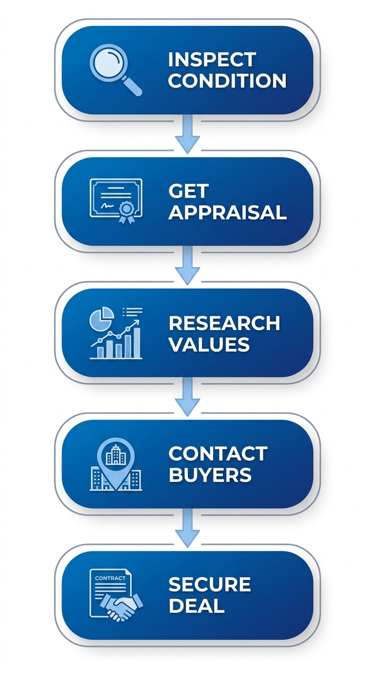 Vertical process flow illustrating 5 steps to sell luxury watches in New York City: inspect and verify, professional appraisal, market research, contact buyers, secure transaction.
