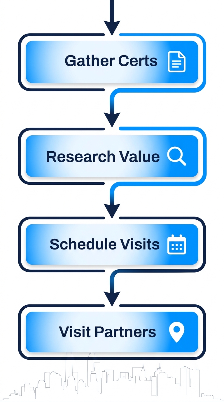 Vertical process flow diagram with four steps for selling a diamond ring in NYC: gather certifications and photos, research market value, schedule visits to buyers, visit reputable AGS partners, featuring icons and subtle NYC skyline.