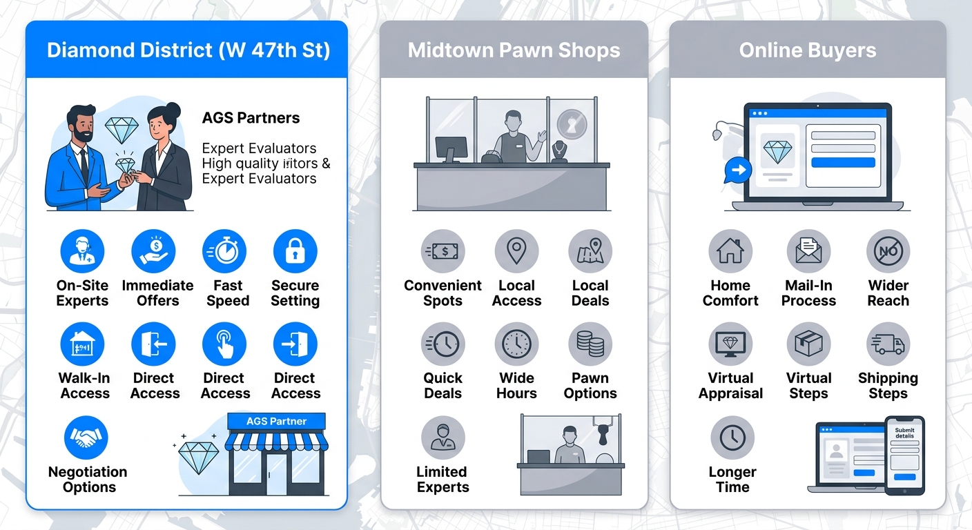 Infographic comparing Diamond District, Midtown Pawn Shops, and Online Buyers for selling diamonds in NYC with icons for speed, expertise, and convenience
