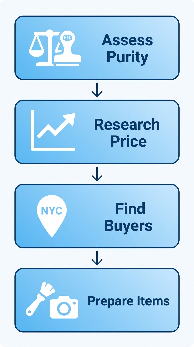 Vertical process flow diagram showing four steps to get started selling silver in NYC: assess purity, research price, find buyers, prepare items.