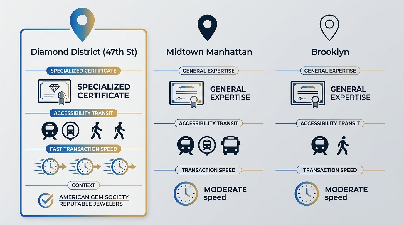 Infographic comparing NYC silver buying areas: Diamond District expertise, accessibility, and speed vs Midtown and Brooklyn.