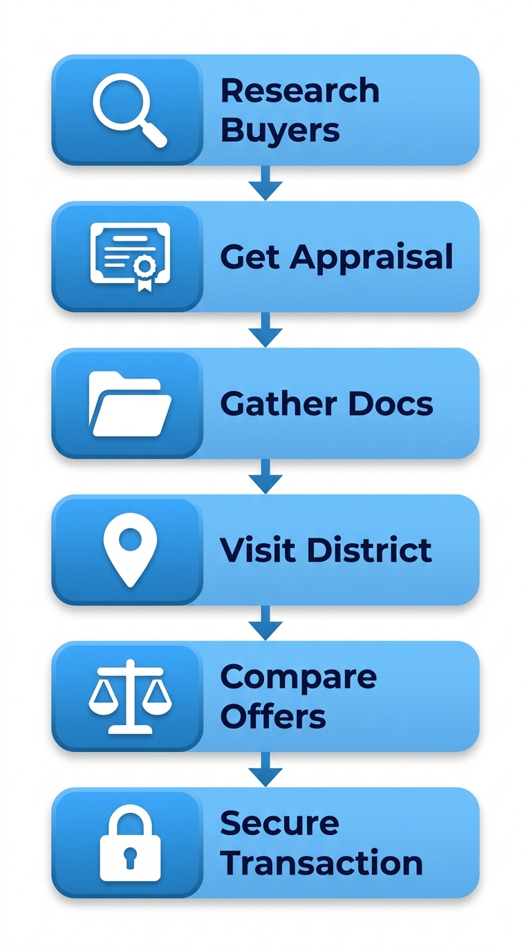 Vertical process flow diagram illustrating six safe steps to sell diamonds in NYC: research reputable buyers with magnifying glass, professional appraisal with certificate, gather documentation with folder, visit Diamond District with map pin, compare offers with balance scale, secure transaction with lock. Gradient blue stages, white icons, dark text.