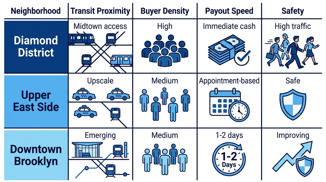 Infographic comparing NYC diamond buying neighborhoods: Diamond District, Upper East Side, Downtown Brooklyn on transit, density, payout speed, safety.