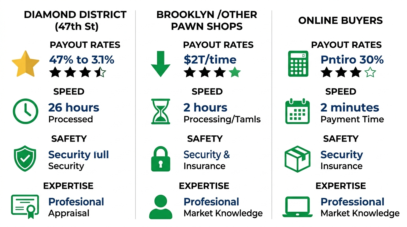 Infographic comparing key factors for selling silver jewelry in NYC: Diamond District vs Brooklyn pawn shops vs online buyers, highlighting payout, speed, safety, expertise.