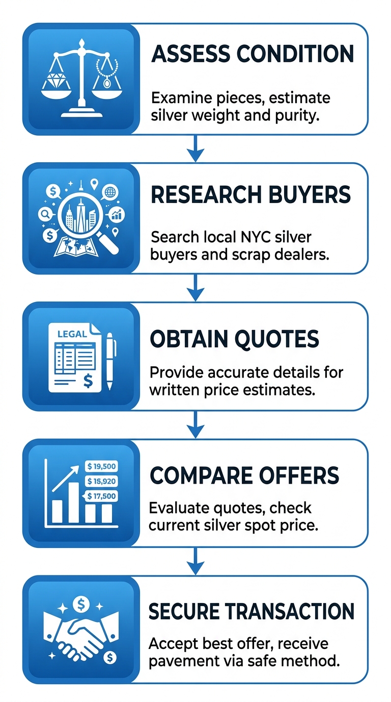 Vertical process flow diagram of 5 steps to sell silver jewelry in NYC: assess condition, research buyers, obtain quotes, compare offers, secure transaction.